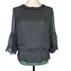 Kobi Halperin Silk Diamond Print Sheer Blouse Bell Sleeves Size M